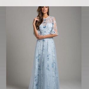 LARA Light Blue Floral Lace Long Sleeve Dress
